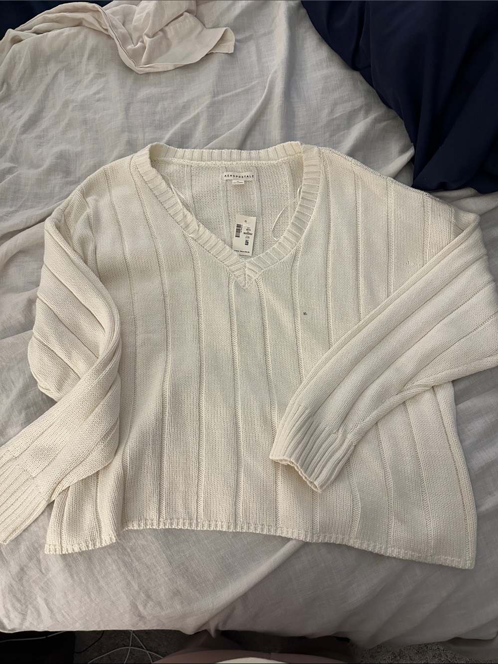 Aeropostale Cream Ribbed V-Neck Sweater
